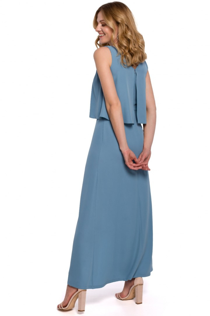 Sukienka Maxi - Na Ramiączkach Dwuwarstwowa Bez Rękawów - niebieska